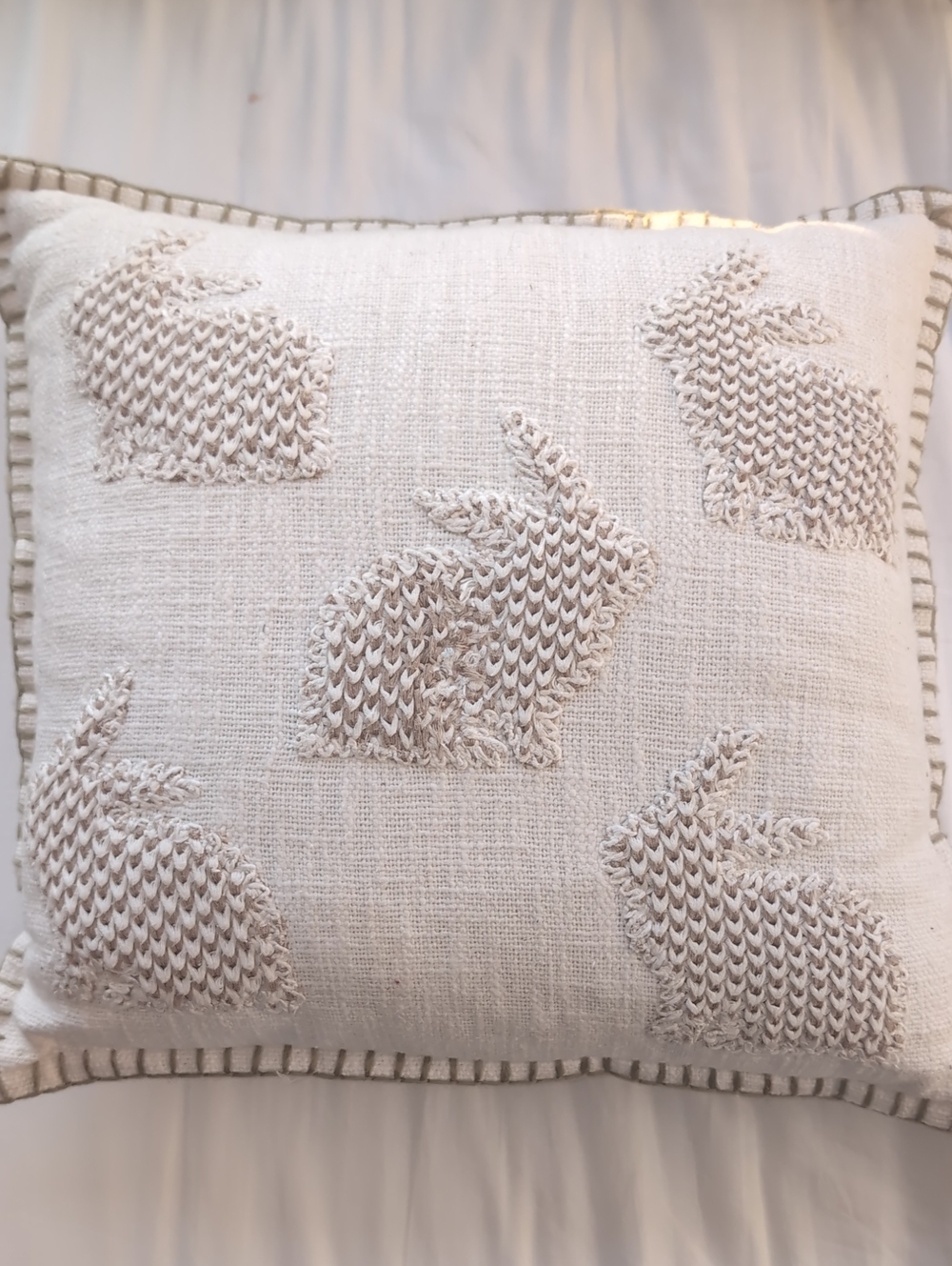Neutral Linen Bunny Throw Pillow | Textured Knit Appliqué | Cottagecore